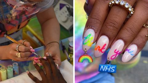 Anouska Anastasia works on a clients nails at NUKA Nails, West London and the charm she made in support of the NHS.