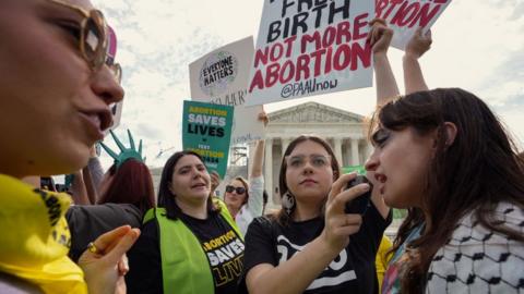 Abortion rights supporters rally outside the U.S. Supreme Court on April 24, 2024 in Washington, DC