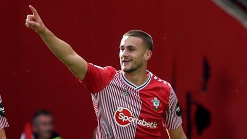 Taylor Harwood-Bellis celebrates his goal for Southampton against Birmingham City