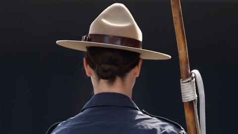 A member of the Royal Canadian Mounted Police (RCMP) trains in Hyde Park Barracks on horses provided by the Household Cavalry on May 22, 2012 in London, England