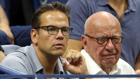 Rupert Murdoch and his son Lachlan Murdoch (left) attend the quarter-final match of countryman John Millman of Australia against Djokovic on day 10 of the 2018 tennis US Open on Arthur Ashe stadium at the USTA Billie Jean King National Tennis Center on5 September 2018 in Flushing Meadows, Queens, New York City, US