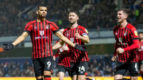 Dominic Solanke celebrates scoring for Bournemouth against QPR