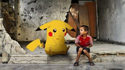 Pokemon in tears next to boy in Syrian war scene