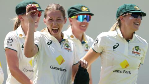 Darcie Brown celebrates five-wicket haul with Australia team mates