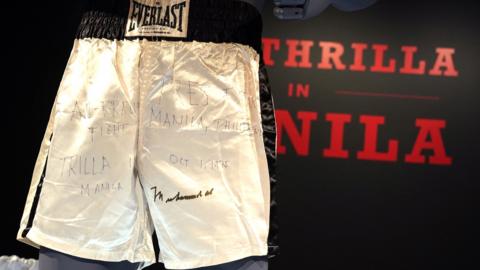 Muhammad Ali's trunks worn during the 1975 legendary match against Joe Frazier