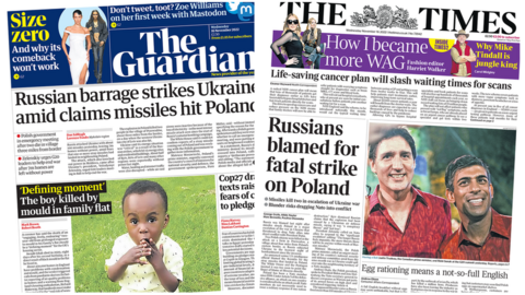 Front page of the Guardian and the Times on 16 November