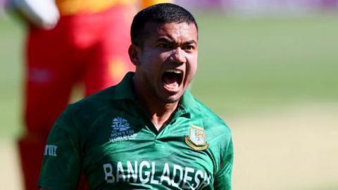 Bangladesh bowler Taskin Ahmed celebrates