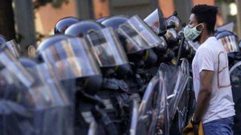 Demonstrators confront law enforcement during a protest on June 1, 2020 in downtown Washington, DC