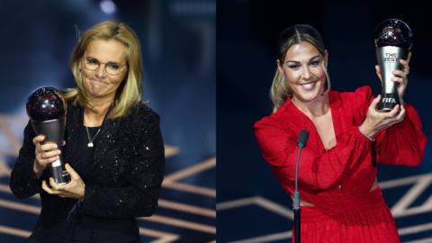 Sarina Wiegman and Mary Earps hold their Fifa best awards on stage