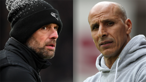 Split image of Derby boss Paul Warne (left) and Burton manager Dino Maamria