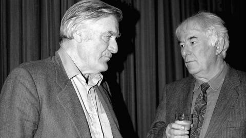 Ted Hughes with Seamus Heaney seen enjoying each other's company in a photograph that isn't part of the Cambridge University acquisition