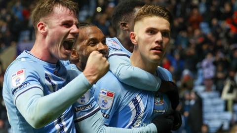 Coventry celebrate their late winner against West Bromwich Albion