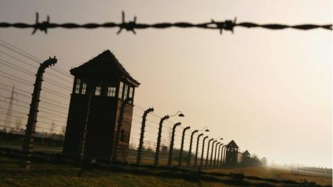 Image of Auschwitz watch tower, barbed wire and fencing