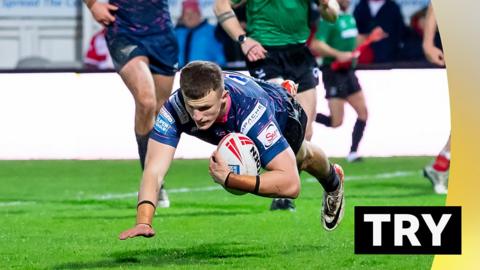 Ash Handley of Leeds Rhinos scores a try against Hull KR