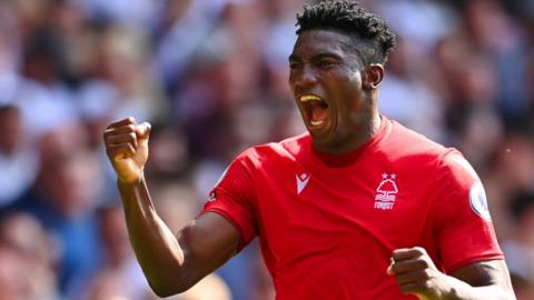 Taiwo Awoniyi celebrates scoring for Nottingham Forest against West Ham