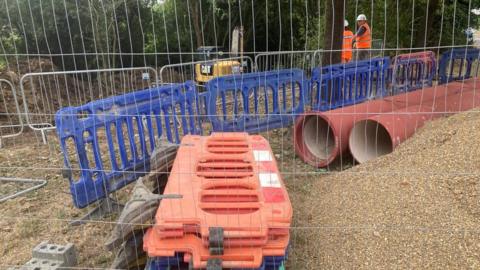 Thames Water pipe repair work close to River Ray in Wiltshire