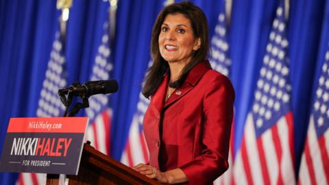 Republican presidential candidate and former U.S. Ambassador to the United Nations Nikki Haley speaks on stage at her watch party during the South Carolina Republican presidential primary election in Charleston, South Carolina, U.S. February 24, 2024.