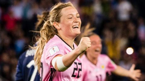 Erin Cuthbert celebrates after scoring for Scotland women against Argentina