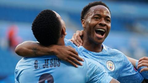 Raheem Sterling celebrates scoring for Manchester City against Real Madrid in the Champions League