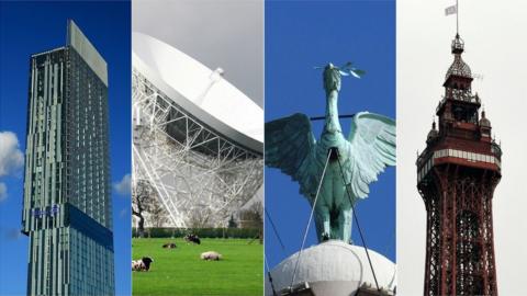 Beetham Tower, Lovell Telescope, Liver Bird, Blackpool Tower