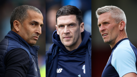 Sabri Lamouchi, Mark Hudson and Steve Morison watch as Cardiff play during the 2022-23 season