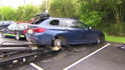 One of the damaged cars at Warwick Parkway