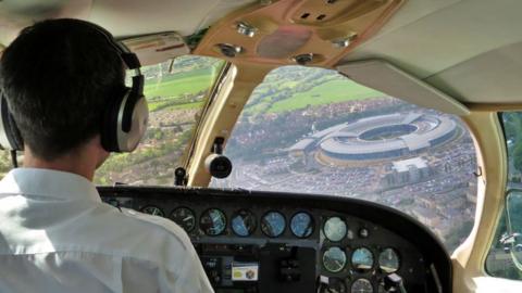 A pilot's cockpit eye view of Government Communication Headquarters in Cheltenham.