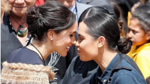 Meghan, Duchess of Sussex greets locals in a traditional "hongi"