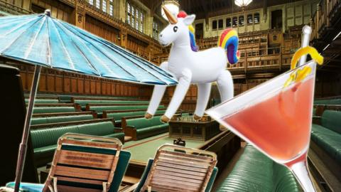 House of Commons with inflatable unicorn, sun lounger and drink