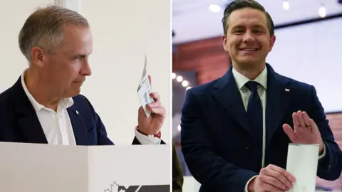 A split image with Mark Carney holding his vote on the left and Pierre Poilievre holding his voting slip on the right side of the image
