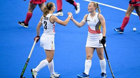 Justine Rasir and Charlotte Englebert playing for Belgium during the 2024 Olympic Games.