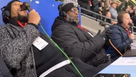 L-R: Danny Gabbidon, Nathan Blake and commentator Mark Poyser