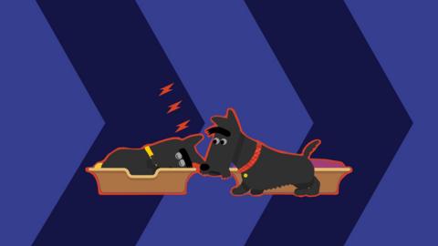 Illustration of two dogs, one sleeping, one awake