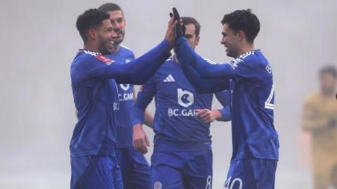 James Justin celebrating his first goal for Leicester against QPR