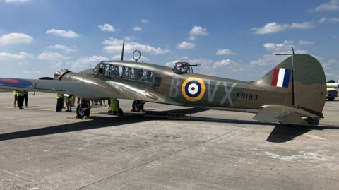 World War Two plane Gentle Annie (MH120), built in 1943 at the Yeadon site - parked on the airstrip at Leeds Bradford Airport (LBA).