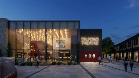 An artist's drawing of a large glass-fronted building at night, with the entrance way illuminated and a large illuminated sign which reads Telford Theatre
