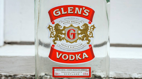 A 35cl bottle of genuine Glen's Vodka. It has a red label.