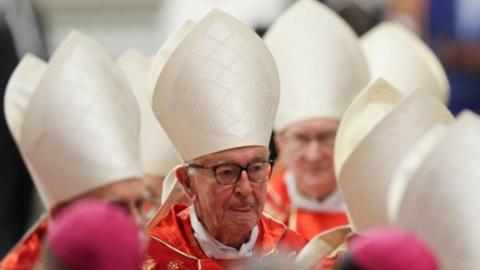 Cardinal Vincent Nichols (centre) with white mitre and scarlet chasuble with gold decorations at today's Mass in St Peter's Basilica.