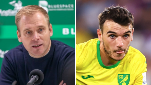 Split picture of Norwich City head coach Johannes Hoff Thorup at a press conference and midfielder Liam Gibbs in action