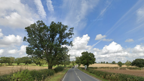 Nuthurst Lane, Nuneaton, a single carriageway road lines with fields and sporadic trees 