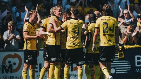 Mjallby celebrate scoring against AIK