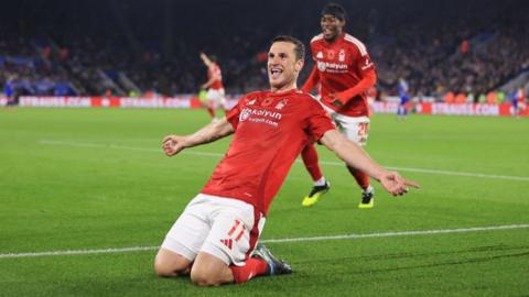 Nottingham Forest striker Chris Wood celebrates his goal versus Leicester City