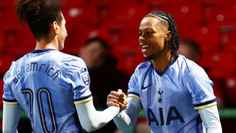 Tyrese Hall celebrates a goal for Tottenham's under-21 side against Swindon in the EFL Trophy