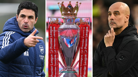 A split picture of Mikel Arteta and Pep Guardiola with the Premier League trophy in the middle