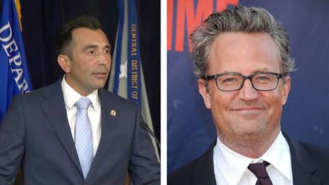 Martin Estrada, a policeman looks up on the left and on the right Matthew Perry looks ahead