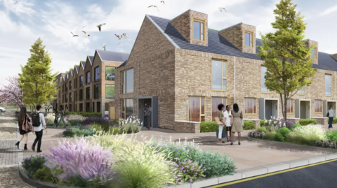 An artist's impression of the new houses. They are light brown brick and surrounded by trees and flower beds.