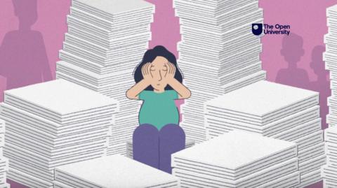An illustration of a woman sitting between towering stacks of newspapers, holding her head with her hands