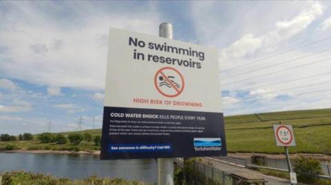 A sign in front of a body of water warns people not to swim in reservoirs.