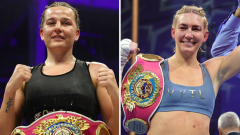 Chantelle Cameron (left) holds up her fists and Mikaela Mayer (right) has the WBO light-middleweight title on her shoulder