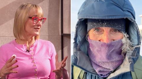 Split image of Louise Minchin in the Morning Live studio and in the Arctic